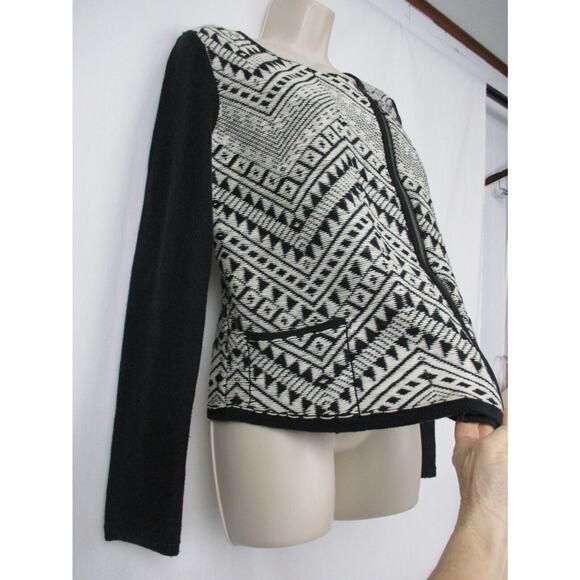 Lucky Brand Cardigan Sweater Womens Medium Aztec Southwestern Black White Zip Up - Picture 6 of 15